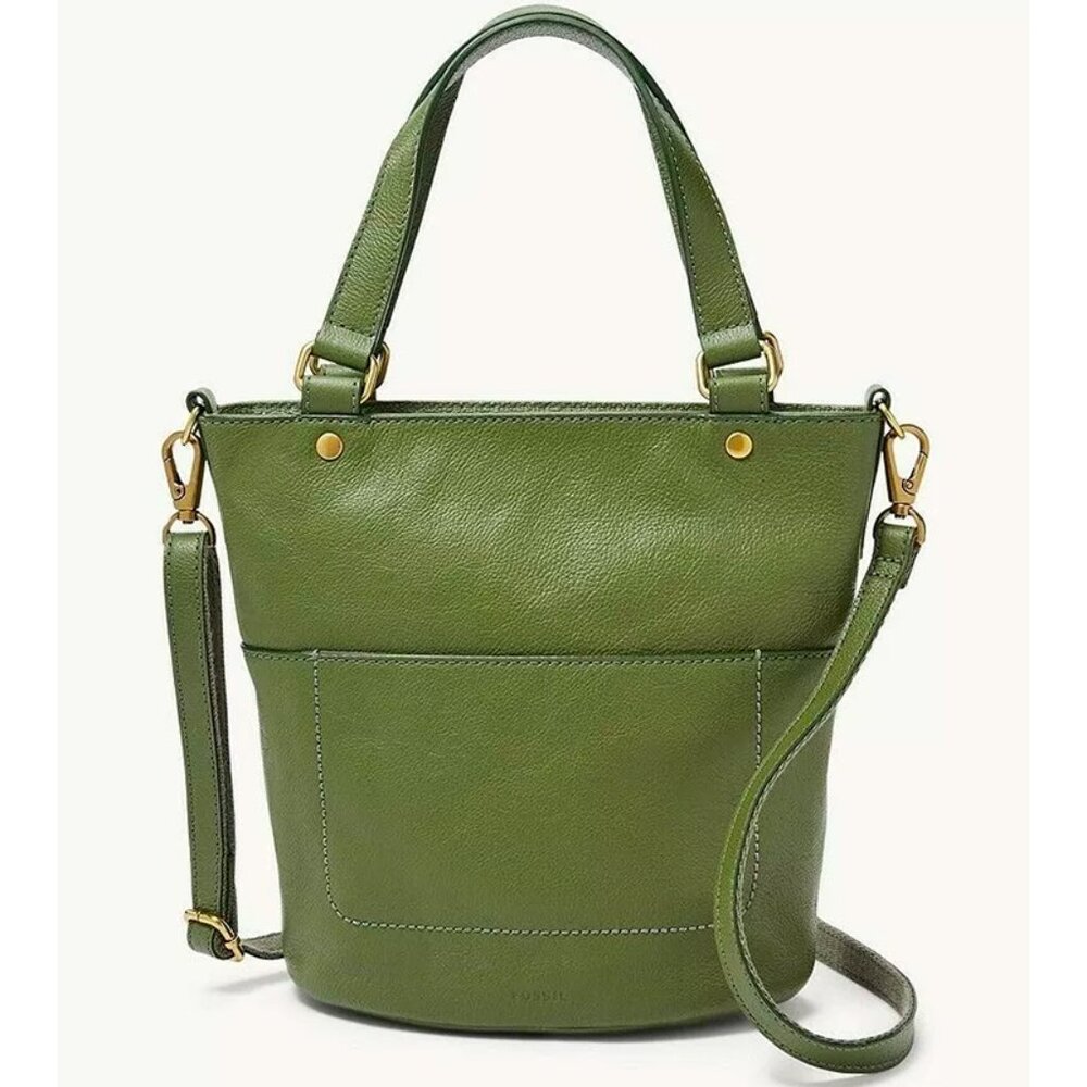 S Fossil Amelia Bucket Brass Hardware Green Leather SHB2393350 NWT $178 Retail